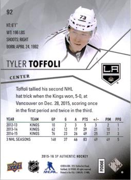 2015-16 SP Authentic #92 Tyler Toffoli Back