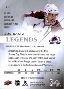 2015-16 SP Authentic #111 Joe Sakic Back