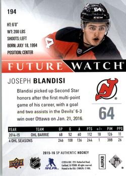 2015-16 SP Authentic #194 Joseph Blandisi Back