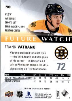2015-16 SP Authentic #208 Frank Vatrano Back