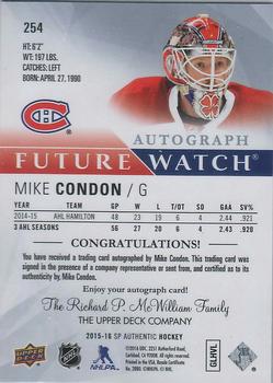 2015-16 SP Authentic #254 Mike Condon Back