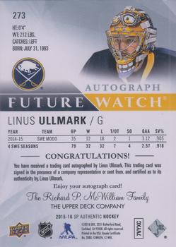 2015-16 SP Authentic #273 Linus Ullmark Back