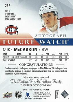 2015-16 SP Authentic #282 Mike McCarron Back
