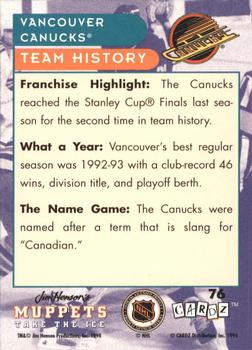 1994 Cardz Muppets Take the Ice #76 Vancouver Canucks Logo Back