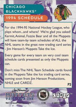1994 Cardz Muppets Take the Ice #P3 Blackhawks Schedule Back