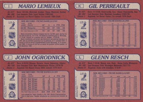 1985-86 O-Pee-Chee - Box Bottom Panels #IJKL Mario Lemieux / John Ogrodnick / Gil Perreault / Glenn Resch Back