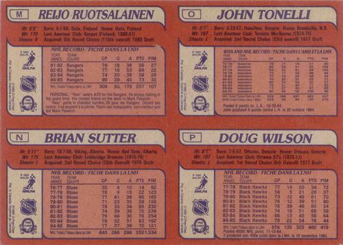 1985-86 O-Pee-Chee - Box Bottom Panels #MNOP Reijo Ruotsalainen / Brian Sutter / John Tonelli / Doug Wilson Back