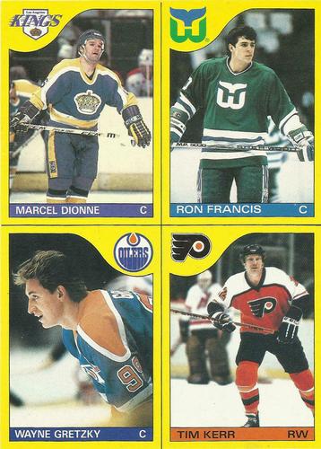 1985-86 Topps - Wax Box Bottom Panels #EFGH Marcel Dionne / Ron Francis / Wayne Gretzky / Tim Kerr Front