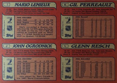 1985-86 Topps - Wax Box Bottom Panels #IJKL Mario Lemieux / John Ogrodnick / Gil Perreault / Glenn Resch Back