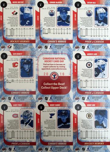 2016 Upper Deck National Hockey Card Day Canada - Sheets #NNO Taylor Hall / Connor McDavid / Wayne Gretzky / Andrew Ladd / Checklist / Sam Bennett / Bobby Orr / Robby Fabbri / Carey Price Back