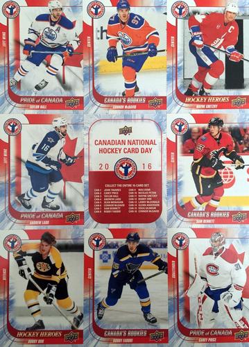 2016 Upper Deck National Hockey Card Day Canada - Sheets #NNO Taylor Hall / Connor McDavid / Wayne Gretzky / Andrew Ladd / Checklist / Sam Bennett / Bobby Orr / Robby Fabbri / Carey Price Front