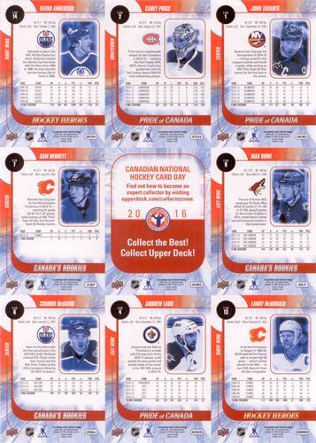 2016 Upper Deck National Hockey Card Day Canada - Sheets #NNO John Tavares / Carey Price / Glenn Anderson / Max Domi / Checklist / Sam Bennett / Lanny McDonald / Andrew Ladd / Connor McDavid Back
