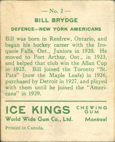 1933-34 World Wide Gum Ice Kings (V357) - English-Only Back #2 Bill Brydge Back