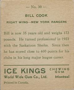 1933-34 World Wide Gum Ice Kings (V357) - English-Only Back #30 Bill Cook Back