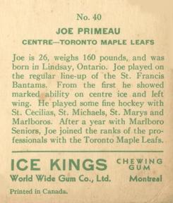 1933-34 World Wide Gum Ice Kings (V357) - English-Only Back #40 Joe Primeau Back