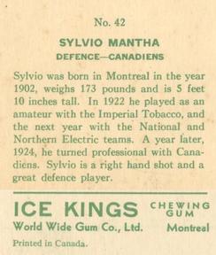 1933-34 World Wide Gum Ice Kings (V357) - English-Only Back #42 Sylvio Mantha Back