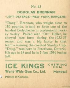 1933-34 World Wide Gum Ice Kings (V357) - English-Only Back #45 Doug Brennan Back