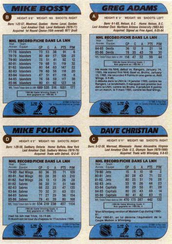 1986-87 O-Pee-Chee - Box Bottom Panels #ABCD Greg Adams / Mike Bossy / Dave Christian / Mike Foligno Back