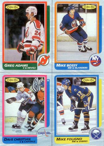 1986-87 O-Pee-Chee - Box Bottom Panels #ABCD Greg Adams / Mike Bossy / Dave Christian / Mike Foligno Front