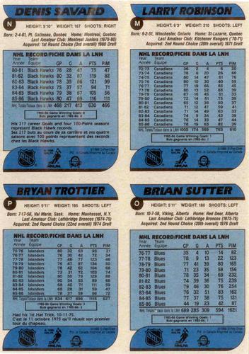 1986-87 O-Pee-Chee - Box Bottom Panels #MNOP Larry Robinson / Denis Savard / Brian Sutter / Bryan Trottier Back