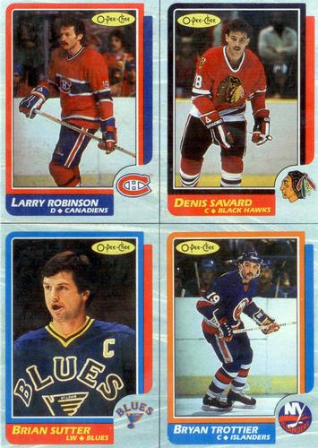1986-87 O-Pee-Chee - Box Bottom Panels #MNOP Larry Robinson / Denis Savard / Brian Sutter / Bryan Trottier Front