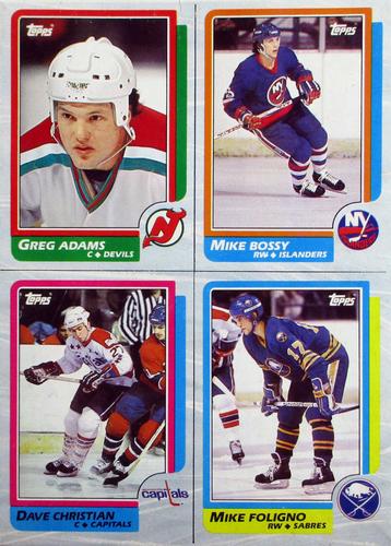 1986-87 Topps - Wax Box Bottom Panels #ABCD Greg Adams / Mike Bossy / Dave Christian / Mike Foligno Front