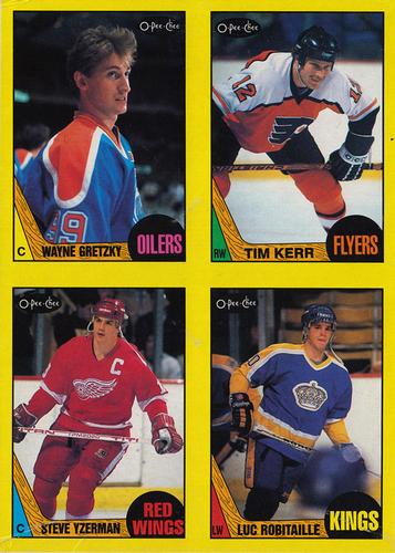 1987-88 O-Pee-Chee - Wax Box Bottom Panels #ABCD Wayne Gretzky / Tim Kerr / Steve Yzerman / Luc Robitaille Front