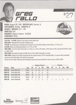 2006-07 Idaho Steelheads (ECHL) #11 Greg Rallo Back