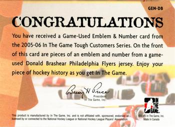 2005-06 In The Game Tough Customers - Game-Used Emblem & Number #DB Donald Brashear Back