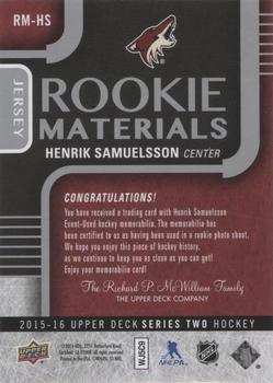 2015-16 Upper Deck - Rookie Materials #RM-HS Henrik Samuelsson Back