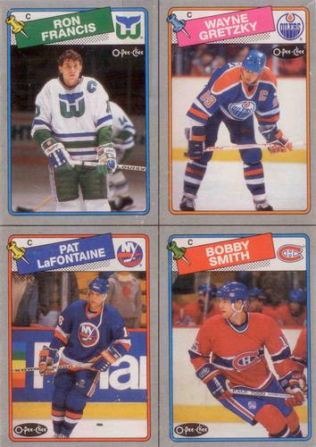 1988-89 O-Pee-Chee - Box Bottom Panels #ABCD Ron Francis / Wayne Gretzky / Pat LaFontaine / Bobby Smith Front