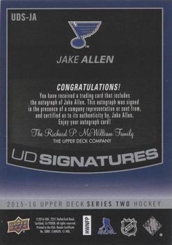 2015-16 Upper Deck - UD Signatures #UDS-JA Jake Allen Back