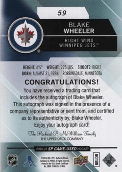 2015-16 SP Game Used - Blue Autographs #59 Blake Wheeler Back