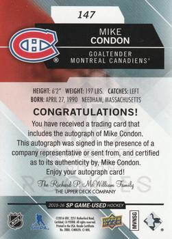2015-16 SP Game Used - Blue Autographs #147 Mike Condon Back