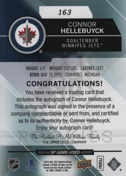 2015-16 SP Game Used - Blue Autographs #163 Connor Hellebuyck Back