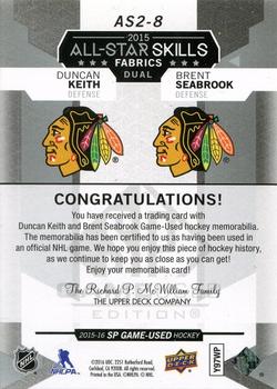 2015-16 SP Game Used - 2015 All-Star Fabrics Duals #AS2-8 Duncan Keith / Brent Seabrook Back