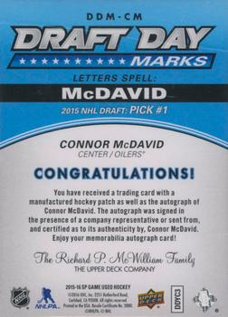 2015-16 SP Game Used - Draft Day Marks Manufactured Letters Rookies #DDM-CM Connor McDavid Back