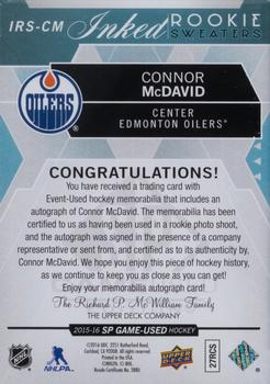 2015-16 SP Game Used - Inked Rookie Sweaters #IRS-CM Connor McDavid Back