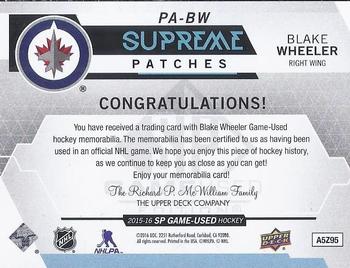 2015-16 SP Game Used - Supreme Relics Supreme Patches #PA-BW Blake Wheeler Back