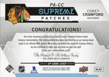2015-16 SP Game Used - Supreme Relics Supreme Patches #PA-CC Corey Crawford Back