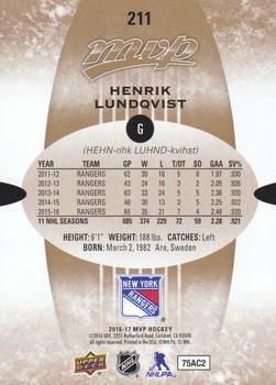 2016-17 Upper Deck MVP #211 Henrik Lundqvist Back