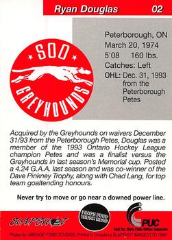 1993-94 Slapshot Sault Ste. Marie Greyhounds (OHL) #2 Ryan Douglas Back