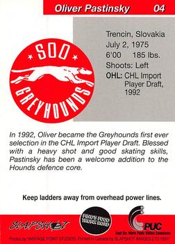 1993-94 Slapshot Sault Ste. Marie Greyhounds (OHL) #4 Oliver Pastinsky Back