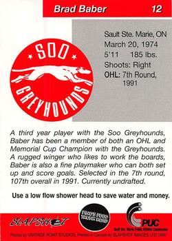 1993-94 Slapshot Sault Ste. Marie Greyhounds (OHL) #12 Brad Baber Back