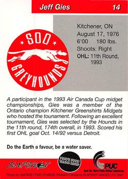 1993-94 Slapshot Sault Ste. Marie Greyhounds (OHL) #14 Jeff Gies Back