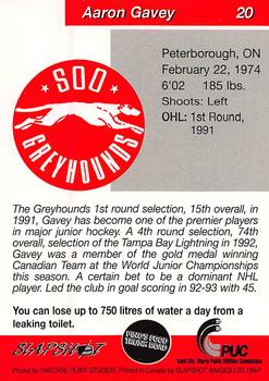 1993-94 Slapshot Sault Ste. Marie Greyhounds (OHL) #20 Aaron Gavey Back