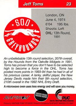 1993-94 Slapshot Sault Ste. Marie Greyhounds (OHL) #23 Jeff Toms Back