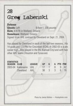 2004-05 Cleveland Barons (AHL) #NNO Greg Labenski Back