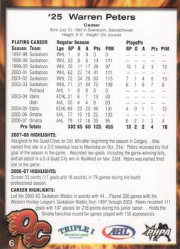 2007-08 Quad City Flames (AHL) #6 Warren Peters Back