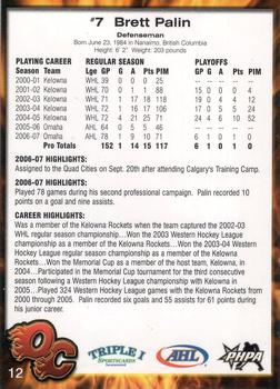 2007-08 Quad City Flames (AHL) #12 Brett Palin Back